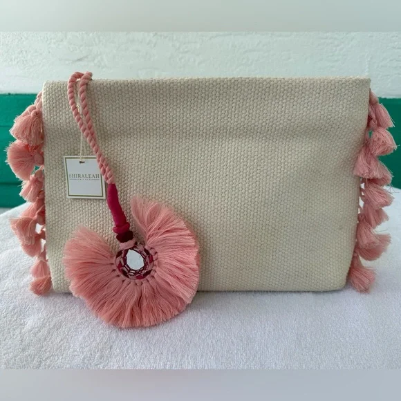 Shiraleah 12” x 8 “ Cosmetic NWT Boho Zip Bag Cream & Pink Lined Thick Plastic - Picture 1 of 8